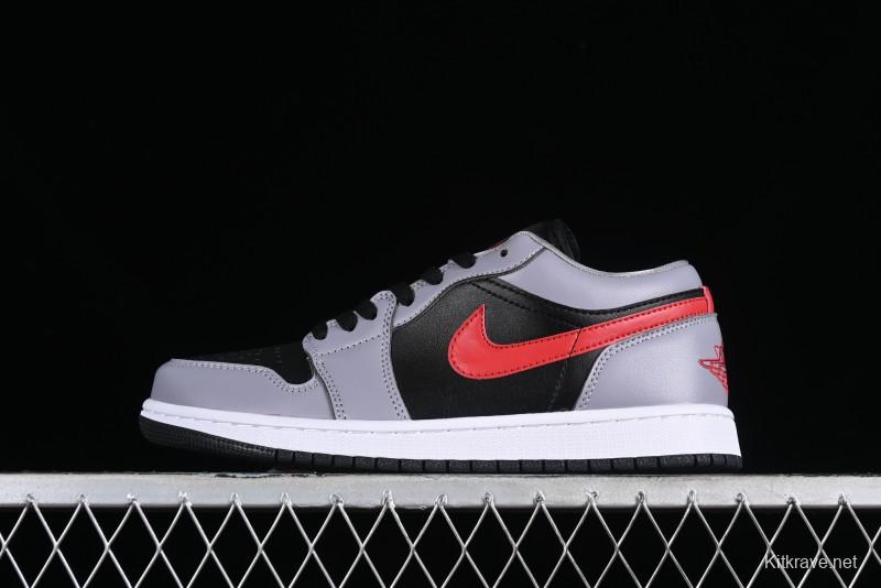 Nike Air Jordan 1 Low AJ1 Basketball Shoes in Grey Black with Red Swoosh - FZ4183-002