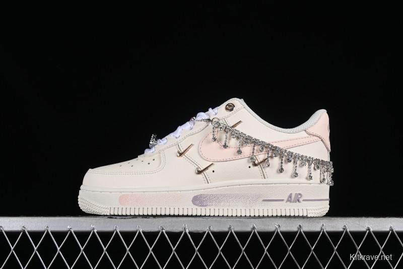 Nike Air Force 1 '07 Low Casual Sneakers in Romantic Pink-Purple with Diamond Chain Accessories - FV1122-333