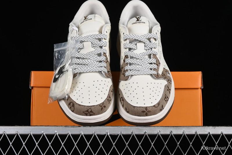 Nike Travis Scott x Fragment Design x Jordan Air Jordan 1 Low OG SP AJ1 LV Light Brown Print Casual Sneakers - SJ2068-102