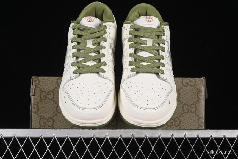 Nike SB Dunk Low Gucci Collaboration - Subtle Pattern Beige Green Swoosh Anniversary Custom Low-Top Casual Sneakers - KK1888-006