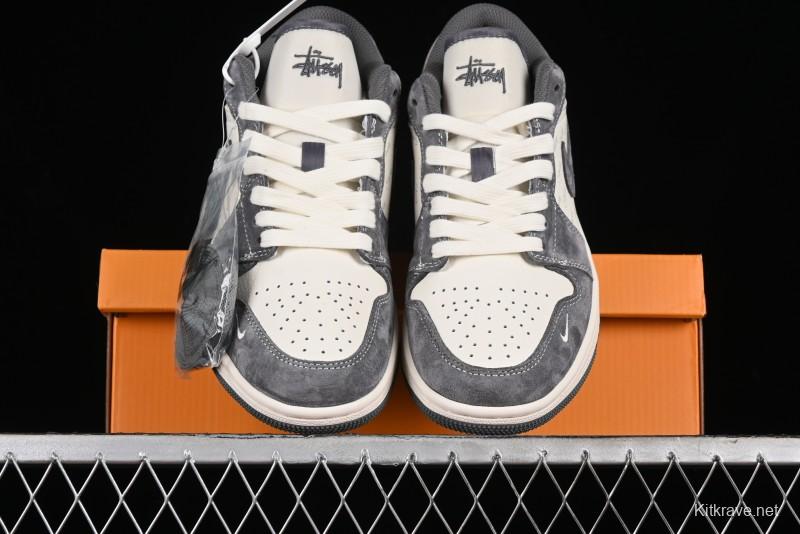 Nike Air Jordan 1 Low AJ1 Stussy Collaboration - Grey Pigskin Custom Low-Top Basketball Shoes - SJ9950-010