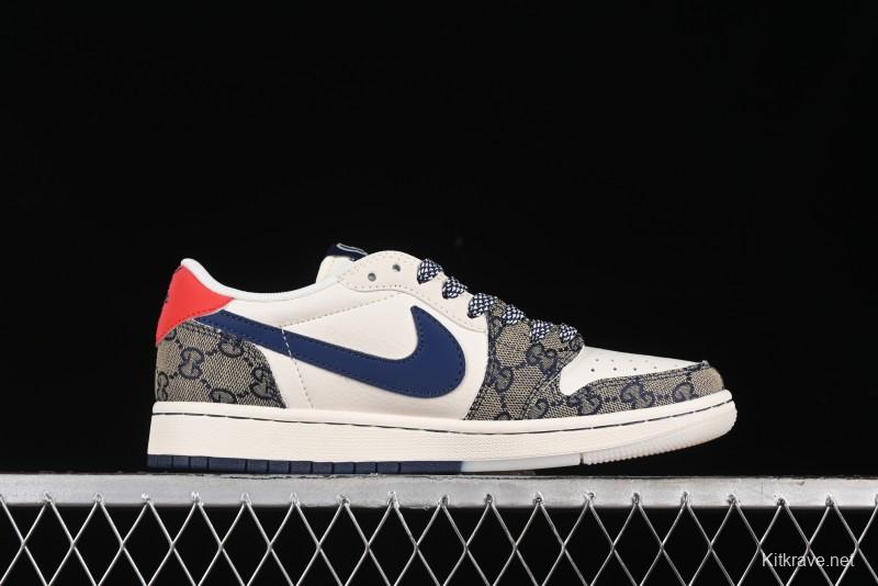 Nike Travis Scott x Fragment Design x Air Jordan 1 Low OG SP AJ1 Gucci Collaboration - Silver Logo Blue Swoosh Low Top Casual Sneakers - XY2688-118