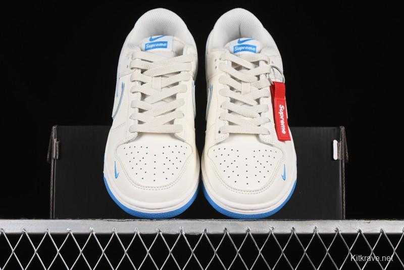 Nike SB Dunk Low Supreme Collaboration - Cream White with Sky Blue Swoosh Anniversary Customized Low-Top Casual Skate Shoes - DJ2024-012