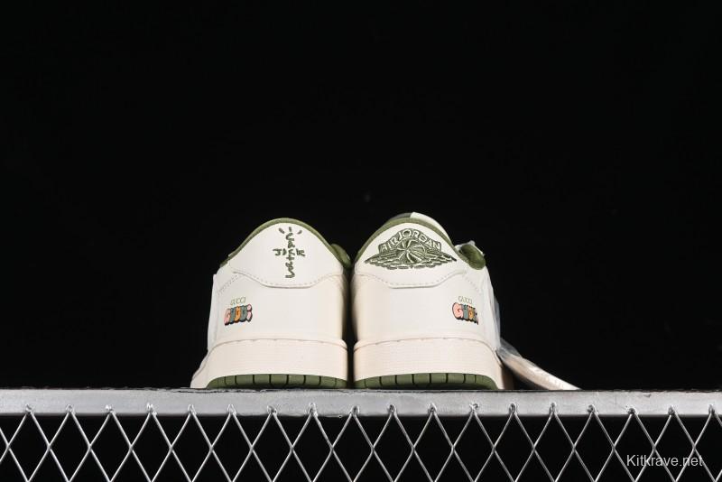 Nike Travis Scott x Fragment Design x Air Jordan 1 Low OG SP AJ1 Retro Sneakers in Off-White & Fresh Green - DM6688-606