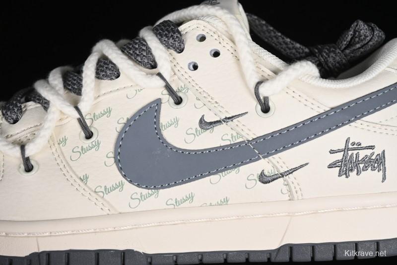 Stussy x Nike Dunk Low SB Sneakers in Off-White and Gray with Stussy S Titanium Accessory - SJ2068-275