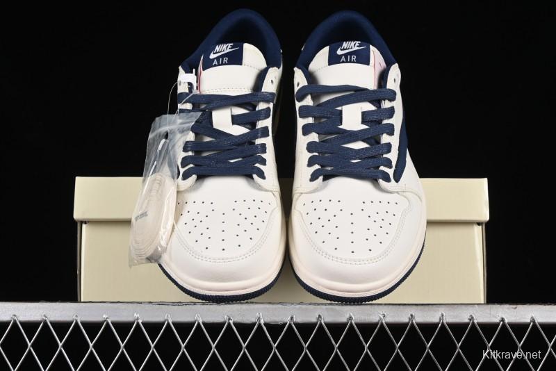 Nike Travis Scott x Fragment Design x Air Jordan 1 Low OG SP AJ1 Supreme Collaboration - White Navy Blue Low Top Casual Sneakers - XZ116