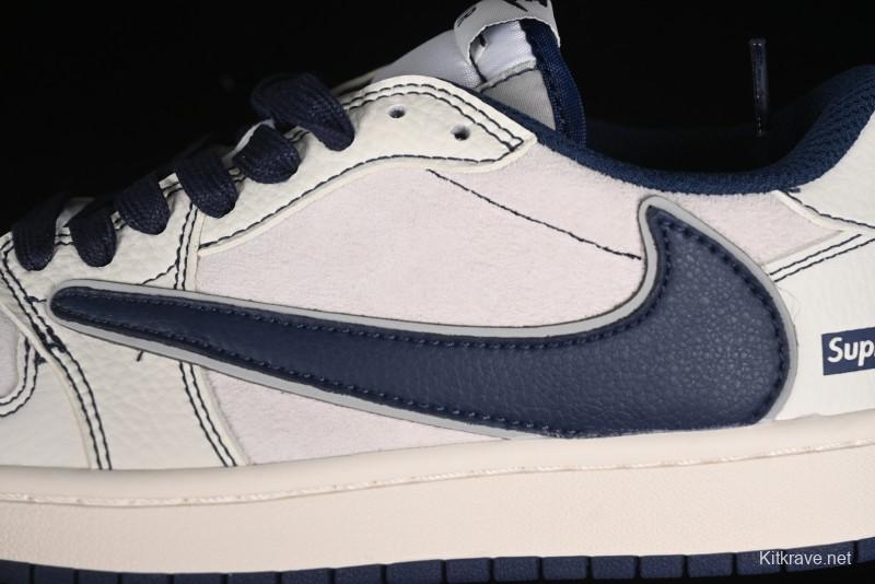 Nike Travis Scott x Fragment Design x Air Jordan 1 Low OG SP AJ1 Supreme Collaboration - Dark Blue Swoosh Low-Top Casual Sneakers - XZ2268-001