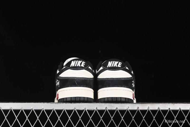 Nike SB Dunk Low Supreme x Stussy Triple Collaboration - Black White Black Swoosh Anniversary Custom Low Top Casual Skate Shoes - SJ2068-300