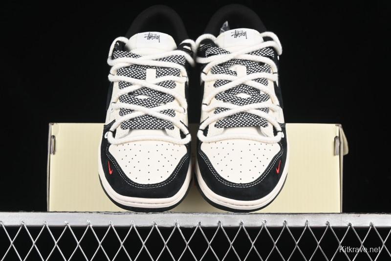 Nike SB Dunk Low Stussy Collaboration - White Embroidery Black Swoosh Anniversary Custom Low-Top Casual Sneakers - SJ2068-311