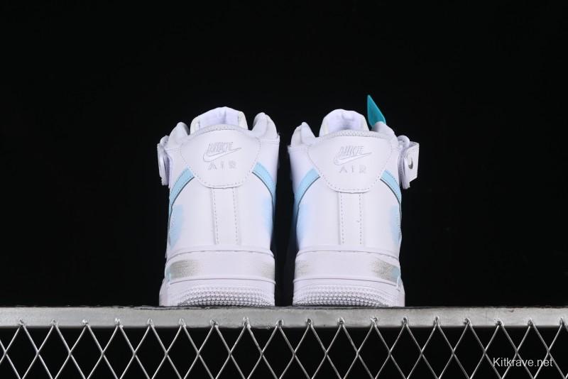 Nike Air Force 1 '07 Mid Light Blue Hand-Painted Cracked Three Stripes Shadow Mid-Top Casual Sneakers - CW2289-111