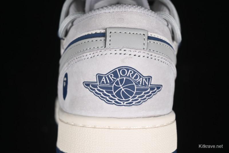 Nike Air Jordan 1 Low AJ1 Bape Collaboration - Grey Blue Retro Basketball Shoes with Custom Laces - SJ9950-019