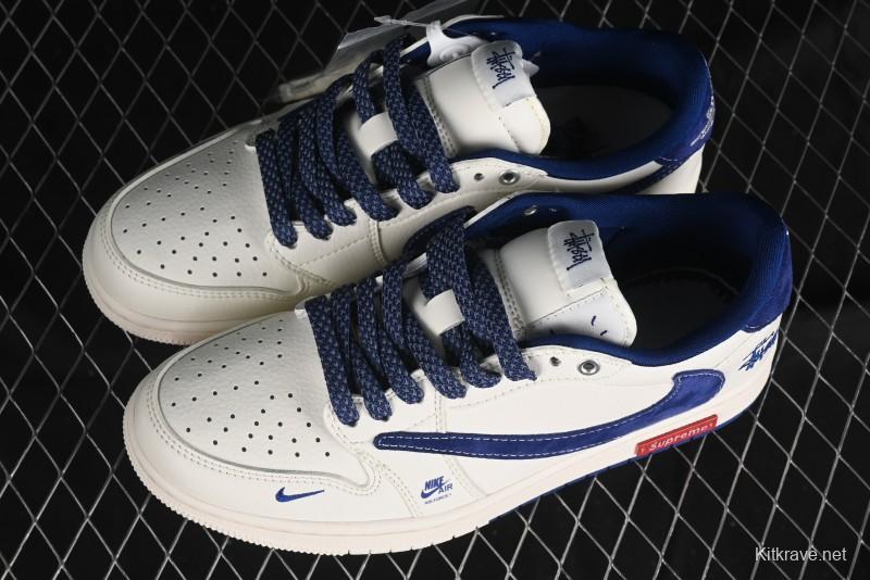 Nike Travis Scott x Fragment Design x Air Jordan 1 Low OG SP AJ1 Supreme Stussy Collaboration - Suede Blue Swoosh Low-Top Casual Sneakers - SJ2068-127