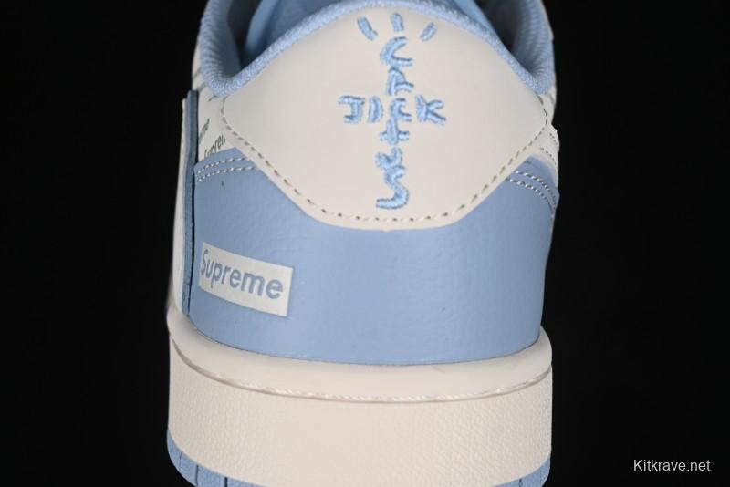 Nike Travis Scott x Fragment Design x Air Jordan 1 Low OG SP AJ1 Supreme Collaboration - White Blue Lettering Low Top Casual Sneakers - XY2688-116