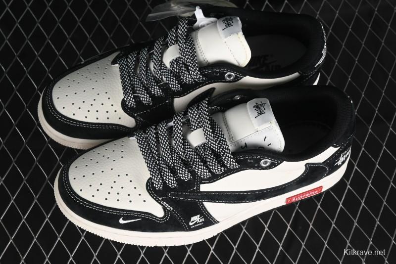 Nike Travis Scott x Fragment Design x Air Jordan 1 Low OG SP AJ1 Supreme Stussy Collaboration - Red Tab Black Warrior Low Top Casual Sneakers - SJ2068-124
