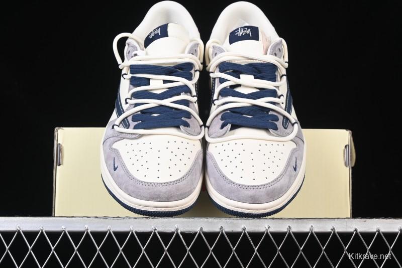 Nike Travis Scott x Fragment Design x Air Jordan 1 Low OG SP AJ1 Stussy Collaboration - Grey Blue Hook Lace Low Top Casual Sneakers - SJ0086-140