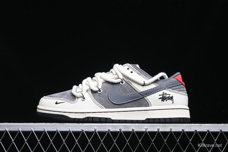 Nike SB Dunk Low Stussy Collaboration - Lace-Up Grey White Grey Check Anniversary High-End Custom Low-Top Casual Skate Shoes - YX5066-207