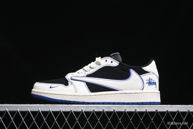 Nike Travis Scott x Fragment Design x Air Jordan 1 Low OG SP AJ1 Stussy Collaboration - Black Blue Line Low Top Casual Sneakers - SJ2068-113