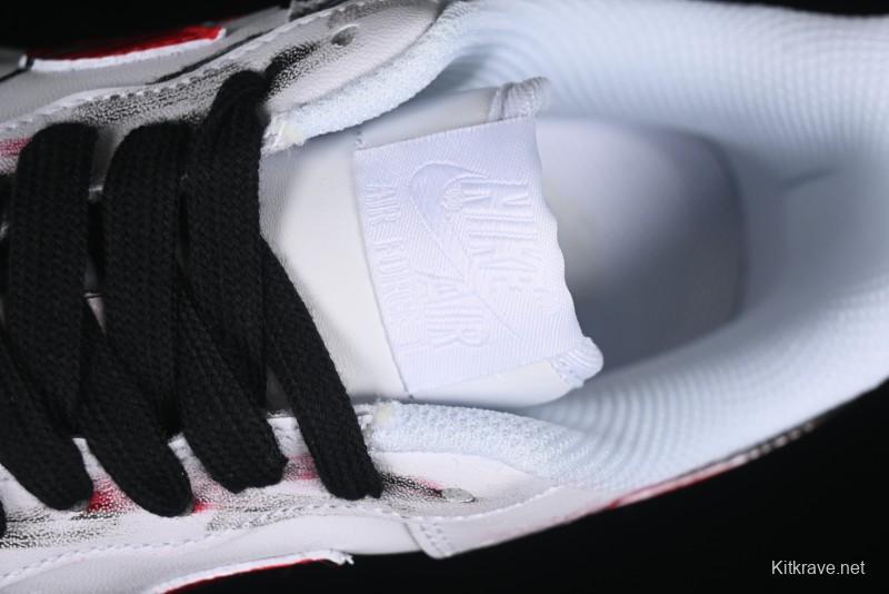Nike Air Force 1 '07 Low Casual Sneakers with 2D Black and White Hand-Painted Blood Night Stitching Design - CW8822-011