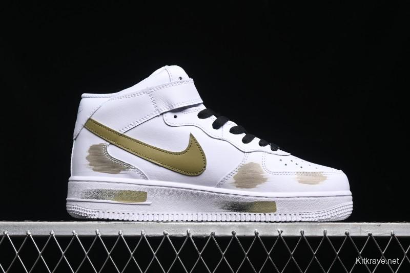 Nike Air Force 1 '07 Mid Hand-Painted Olive Green with Swoosh Shadow Strap Mid-Top Casual Sneakers - CW2289-111