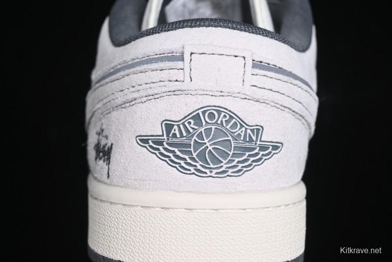 Nike Air Jordan 1 Low AJ1 Stussy Collaboration - Premium Customized Pigskin Grey Line Retro Basketball Shoes - DM9188-005