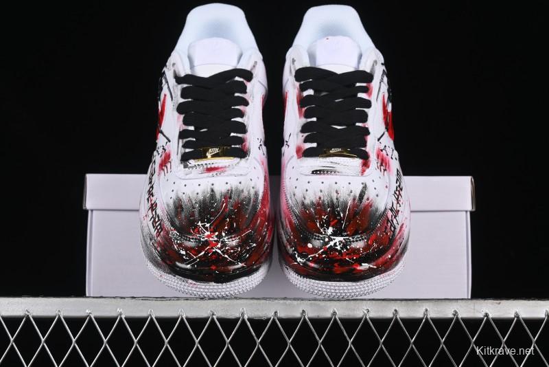 Nike Air Force 1 '07 Low Casual Sneakers with 2D Black and White Hand-Painted Blood Night Stitching Design - CW8822-011