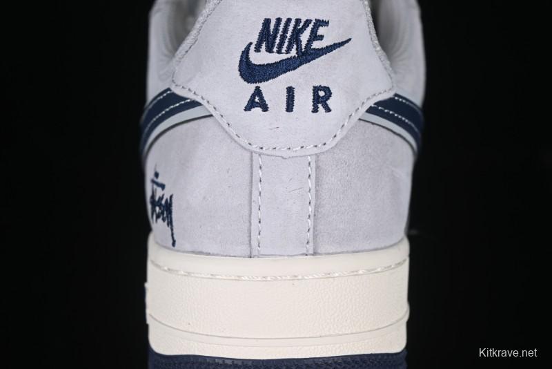 Nike Air Force 1 '07 Low Stussy Collaboration Grey Blue Swoosh Casual Sneakers - XZ3318-088