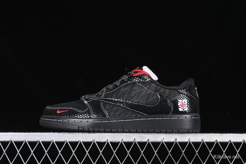 Nike Travis Scott x Fragment Design x Air Jordan 1 Low OG SP AJ1 Year of the Snake Limited Black Snake Web Low Top Casual Sneakers - CH6336-018