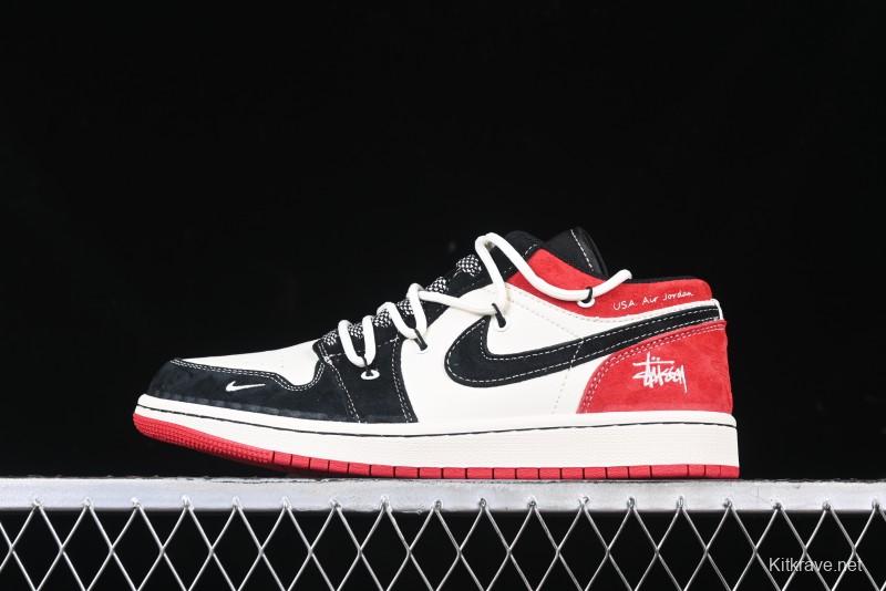 Nike Air Jordan 1 Low Stussy Collaboration - Black Red Custom High-End Retro Basketball Shoes - SJ9950-048
