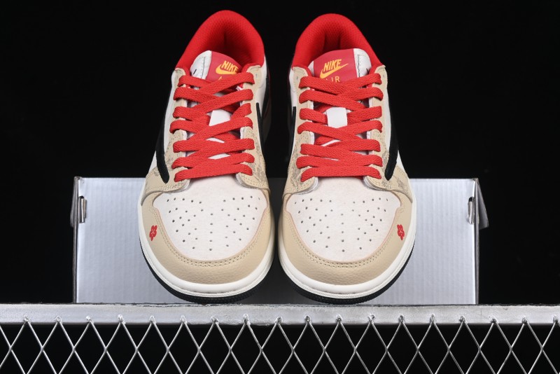 Nike Travis Scott x Fragment Design x Air Jordan 1 Low OG SP AJ1 Snake Year Limited Red Brown Black Swoosh Low Top Casual Sneakers - DM7866-077
