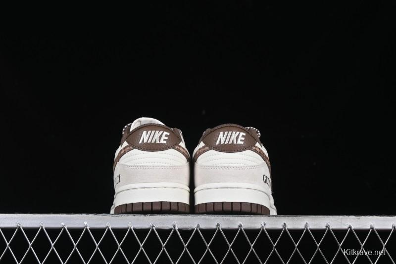 Nike SB Dunk Low Gucci Collaboration Monogram Beige Brown Swoosh Anniversary Custom Low-Top Casual Skate Shoes - DJ2024-059