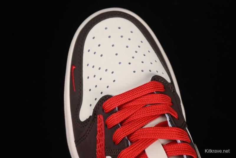 Nike Travis Scott x Fragment Design x Air Jordan 1 Low OG SP AJ1 Snake Year Limited Edition Snake Scale Red Hook Low Top Lifestyle Casual Sneakers - CH6336-020