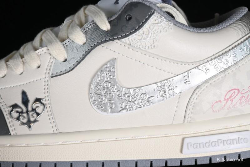 Nike Air Jordan 1 Low AJ1 Panda Prank Modern Gray Floral Low-Top Casual Sneakers - 553560-053