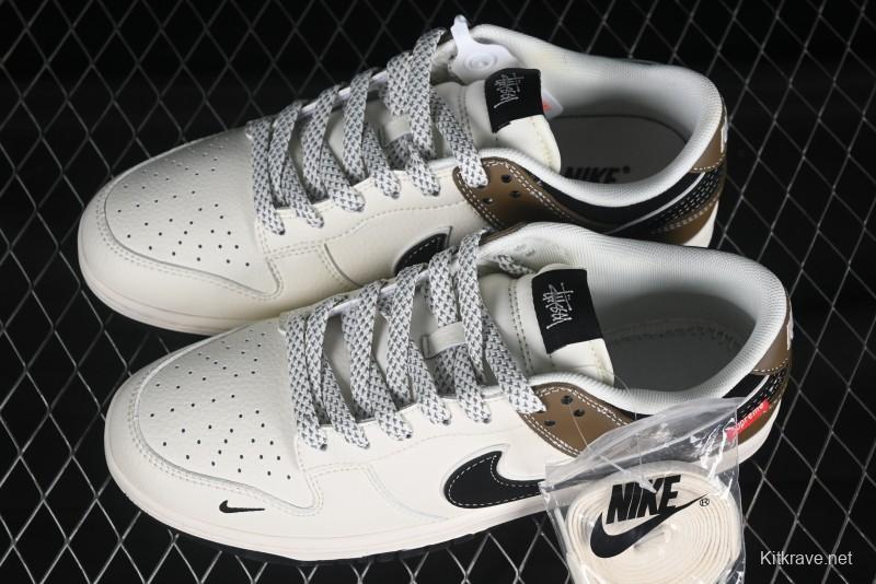Nike SB Dunk Low Supreme Stussy Collaboration Beige Double Mini Swoosh Anniversary High-End Custom Low-Top Casual Skate Shoes - XS6089-502