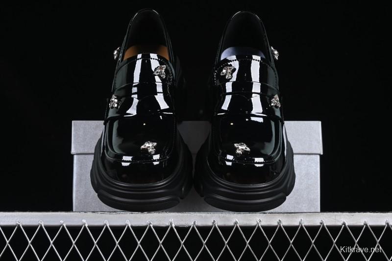 Black Patent Chunky Platform Loafers with Metal Embellishments
