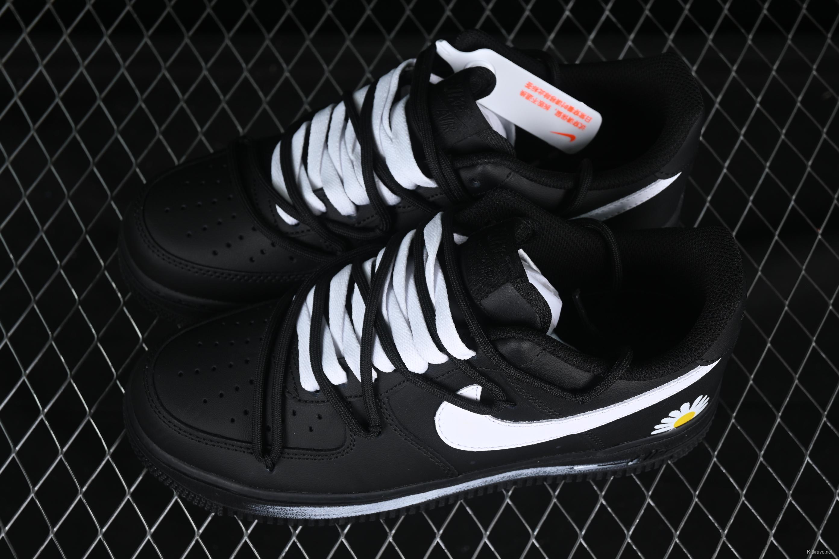 Nike Air Force 1'07 Low Casual Sneakers with 2D Daisy Black White Graffiti Hand-Painted Design - CK0316-063
