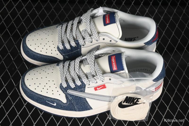 Nike Travis Scott x Fragment Design x Air Jordan 1 Low OG SP AJ1 Supreme Collaboration Grey Blue Denim Low-Top Casual Sneakers - JJ2508-565