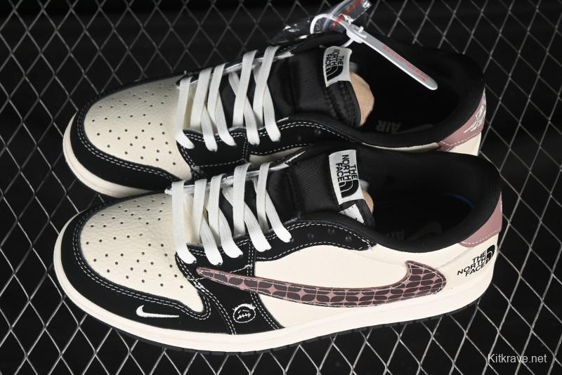 Nike Travis Scott x Fragment Design x Air Jordan 1 Low OG SP AJ1 North Face Collaboration Beige Brown Checkered Low-Top Casual Sneakers - XS2024-036