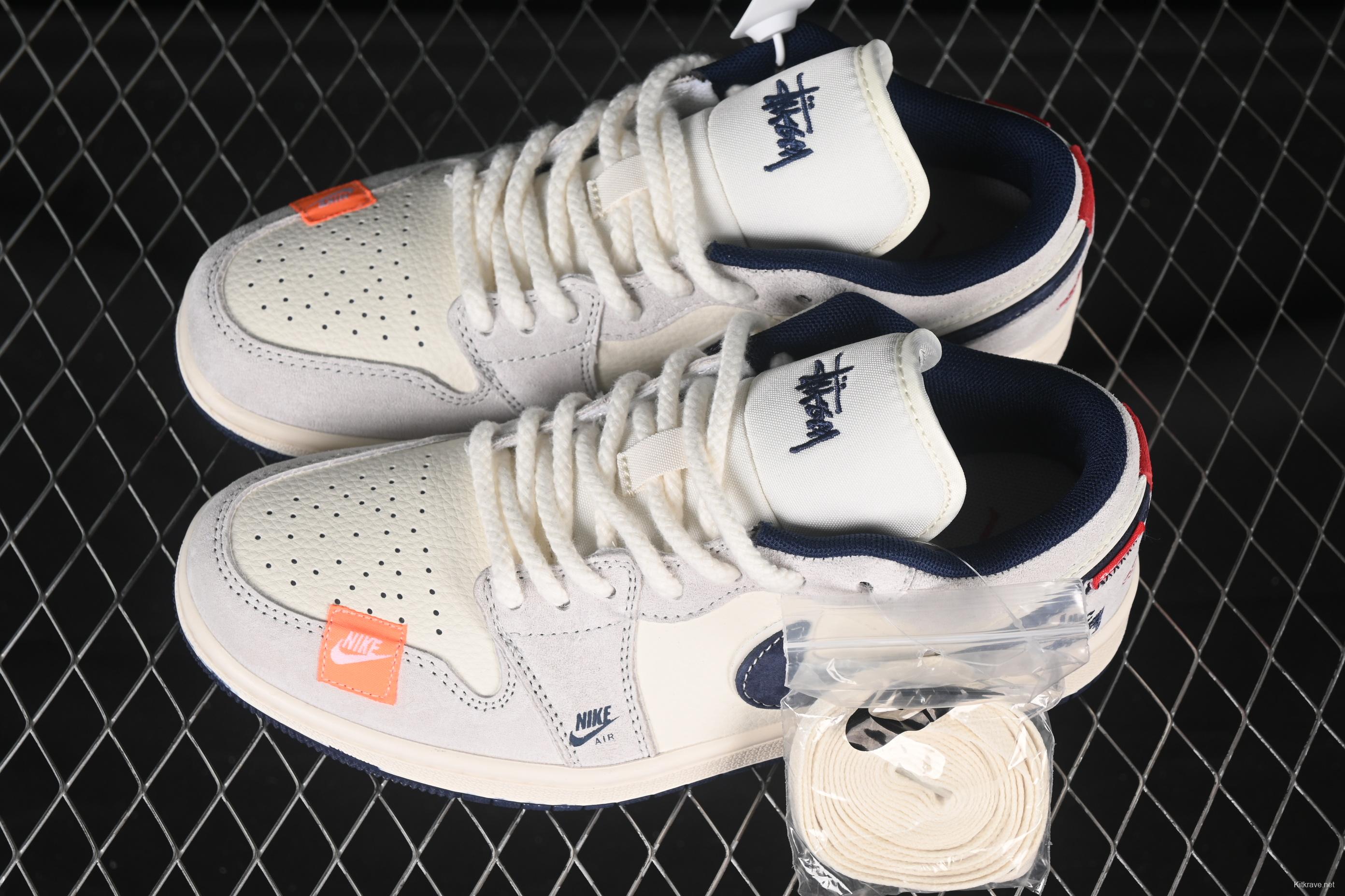 Nike Air Jordan 1 Low Stussy Collaboration Dark Blue Hook Retro Basketball Shoes - YX5066-303