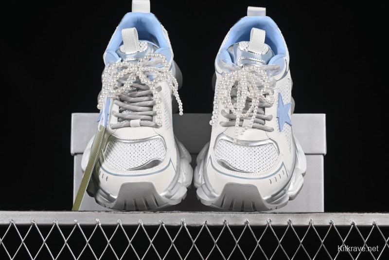 GG-CC Star Same Style Lace-Up Hollow Out Dad Shoes with 5cm Hidden Height Increase - G25X269 White Blue