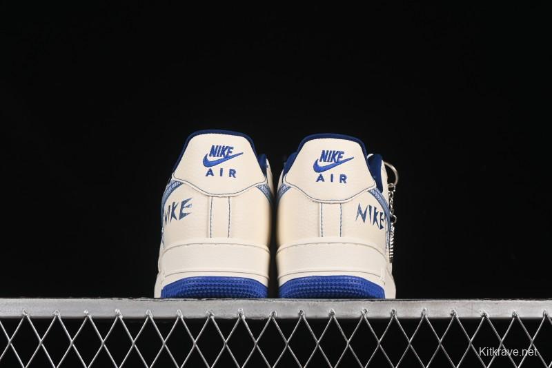Nike Air Force 1'07 Low Casual Sneakers with Blue Line Ghost Face Design - DF0188-053