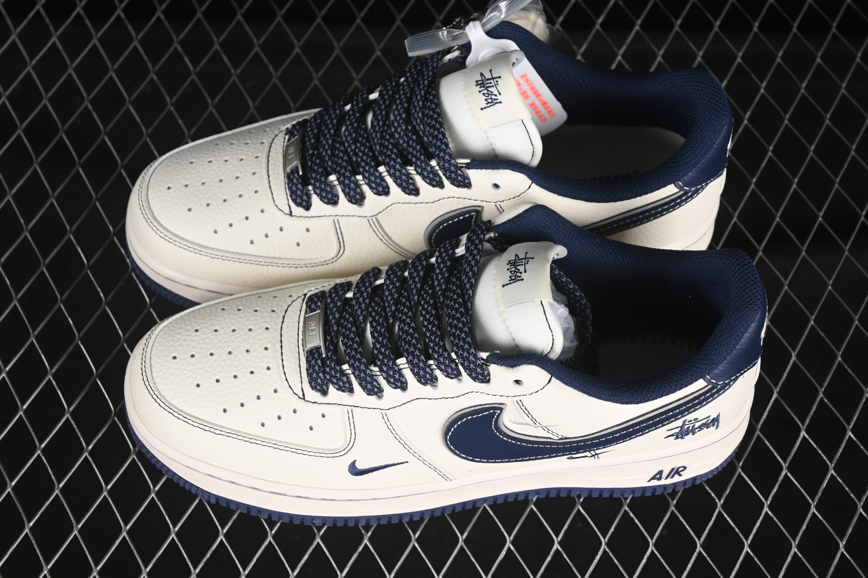 Nike Air Force 1 '07 Low Stussy Collaboration Dark Blue Mini Swoosh Casual Sneakers - HH7518-061