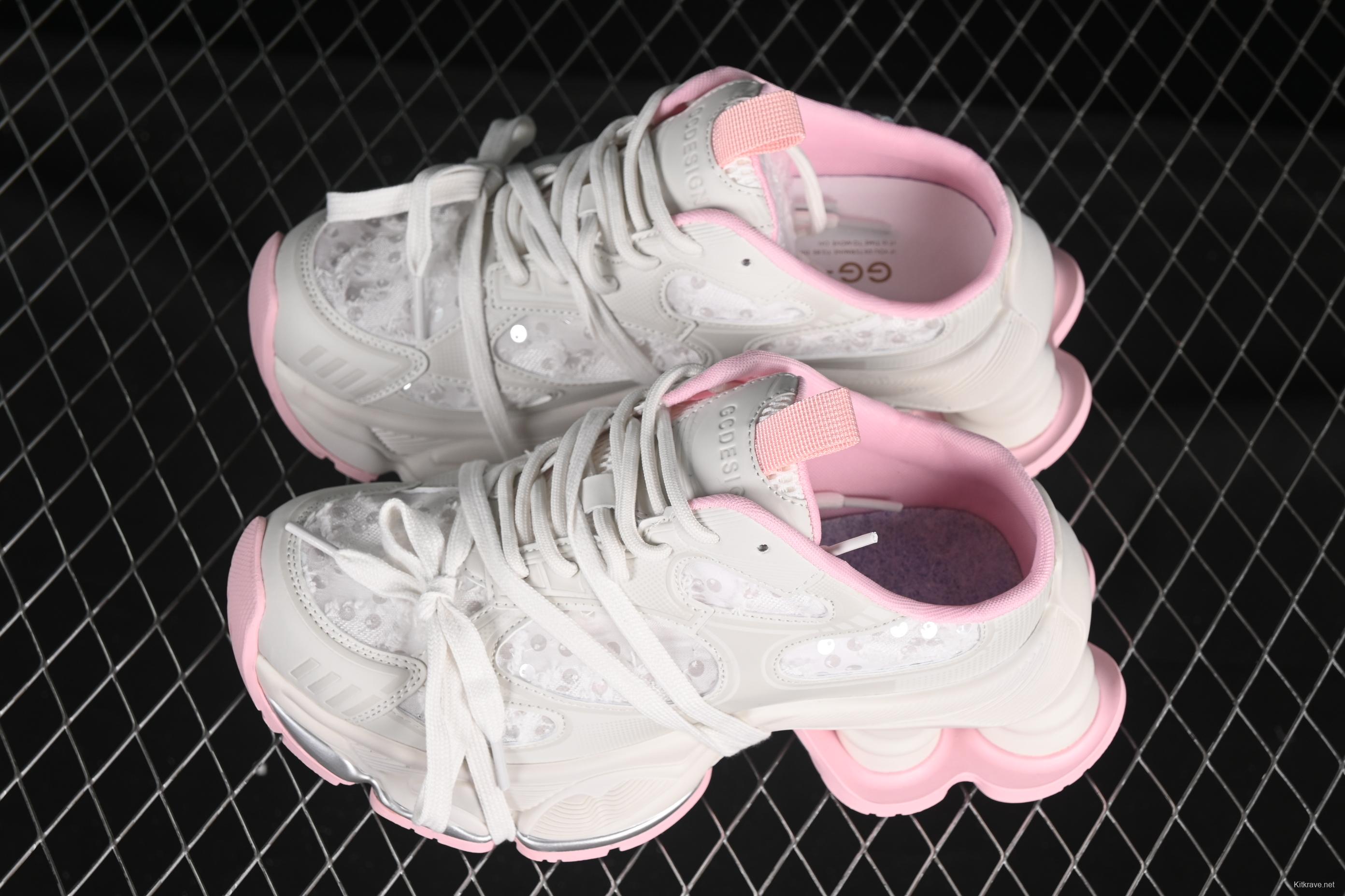 GG-CC Star Same Style Lace-Up Hollow Out Chunky Sneakers with 5cm Height Increase - G25U9910 Pink