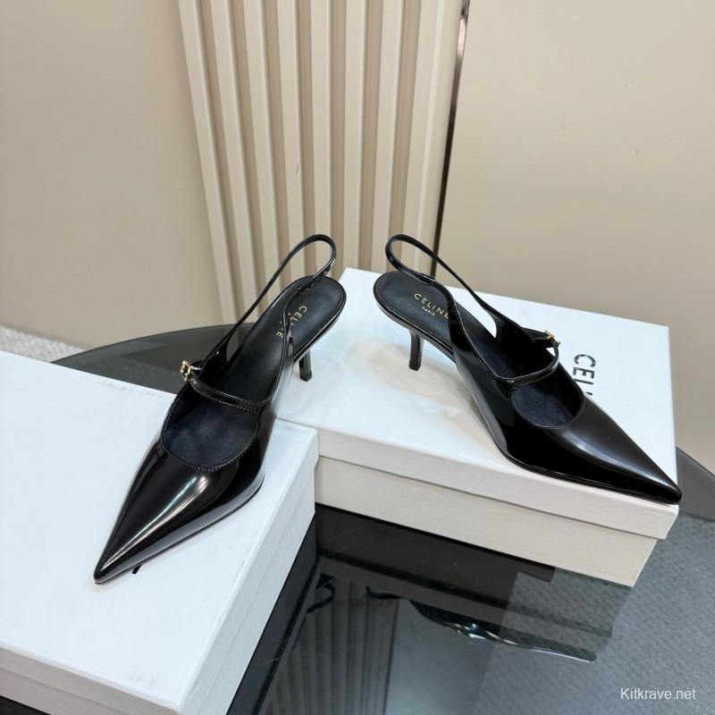2025 Women Celine Black Patent Leather Slingback Pointed Toe Heels KFY00310