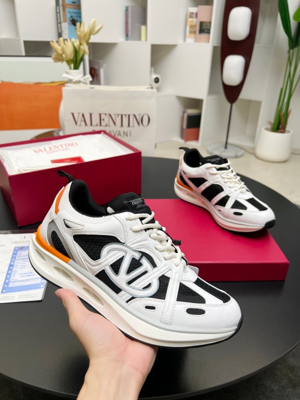 2025 Unisex Valentino White Black Orange Mesh Leather Sneakers Vlogo LY00410
