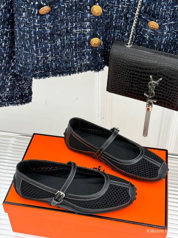 2025 Women Hermès Black Mesh Leather Mary Jane