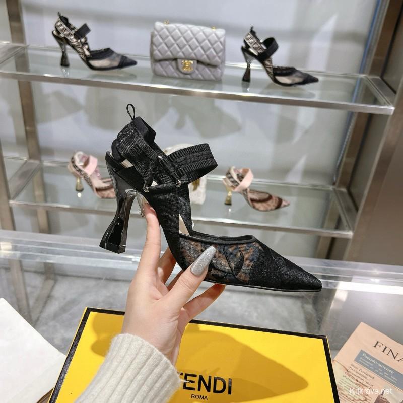 2025 Women Fendi Black Mesh Leather Heels MJ00280