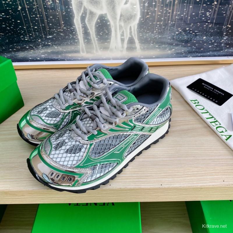 2025 Unisex Bottega Veneta Green Silver Mesh Sneakers LY00310