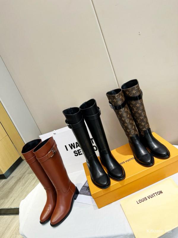 2024 Women Louis Vuitton Brown Black Leather Canvas Boots MJ00400