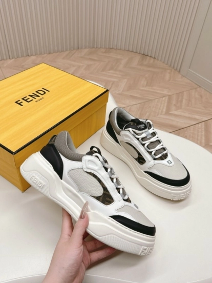 2025 Women Fendi White Black Grey Leather Mesh Sneakers