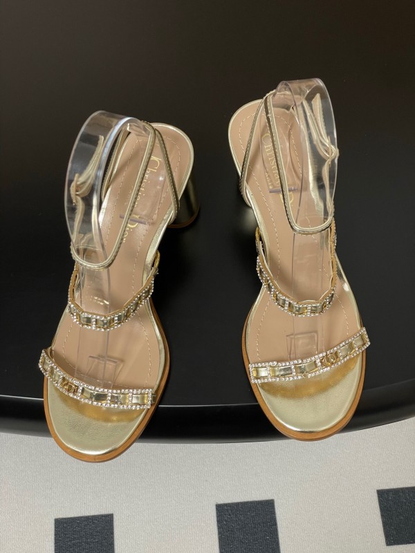 2025 Women Dior Gold Leather Crystal Block Heel Sandals